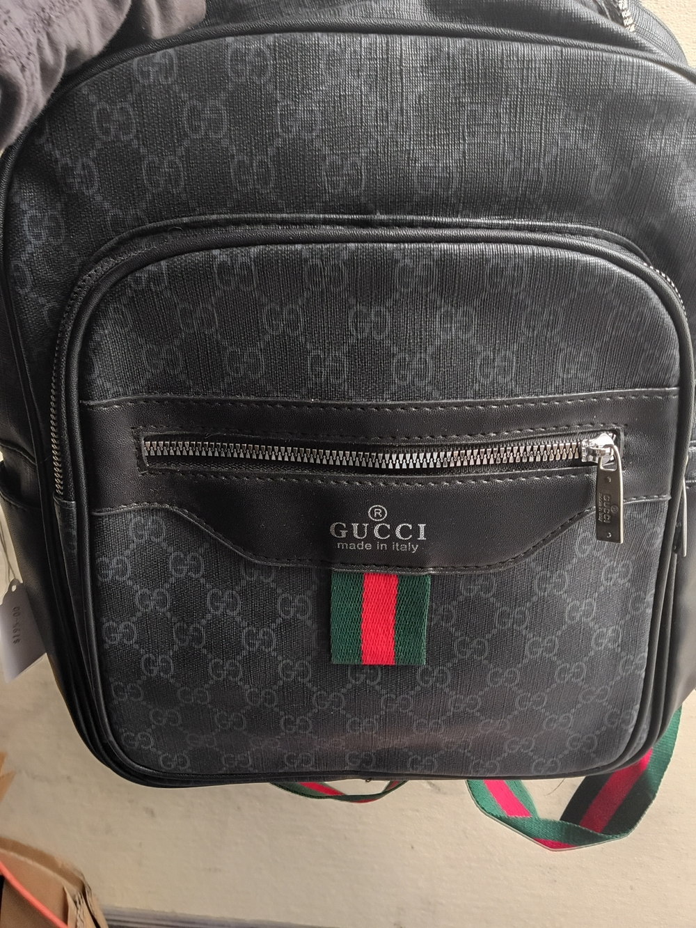 Gucci Black GG Canvas Backpack with Green and Red Web